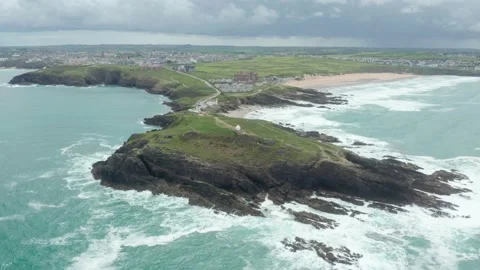 Aerial view of Newquay head, Cornwall, United Kingdom. Video stock 219546185