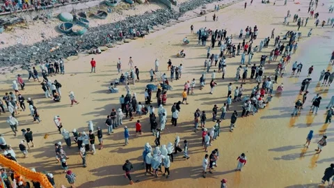 Aerial view of Nghinh Ong Whale Festival parade on Phuoc Hai beach, Vietnam Stock Footage 334451853