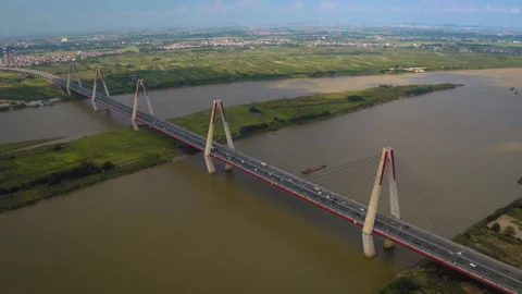 Aerial view of nhat tan bridge over red river in hanoi Stock Footage 329501046