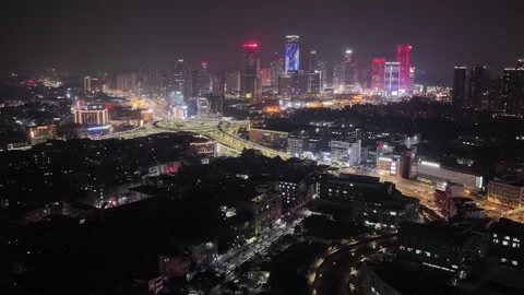 Aerial view night multi-level highway. Cars speed drive transport interchange. Stock Footage 330531035