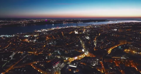 Aerial view of night scape of Lisbon skyline Portugal. Night Stunning Landscape Stock Footage 310682189