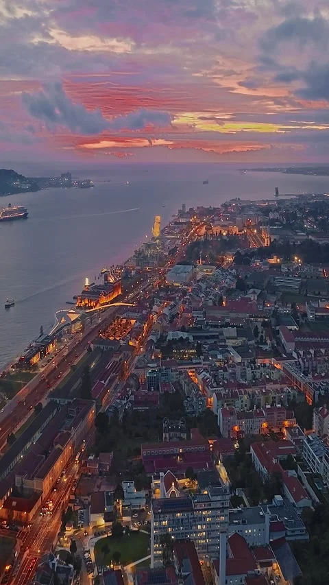 Aerial view of night scape of Lisbon skyline Portugal. Night Stunning Landscape Stock Footage 318597742