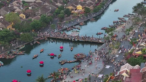 Aerial view of night scenery of Thu Bon River in Hoi An Ancient City Vietnam Stock Footage 311907557