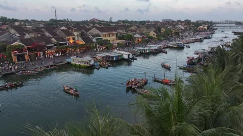 Aerial view of night scenery of Thu Bon River in Hoi An Ancient City Vietnam Stock Footage 311907605