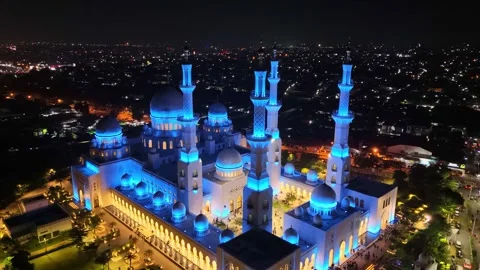 Aerial view at night of the Sheikh Zayed Grand Mosque Solo Surakarta, Indonesia. Stock Footage 302882332