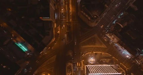 Aerial view of night streets in downtown city, Topshot Stock Footage