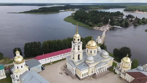 Aerial view of Nilov Monastery and bridge on Lake Seliger Stock Footage 338103453