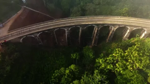 Aerial view of Nine Arch Bridge in morning fog Ella Sri Lanka Stock-Footage 340002640