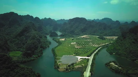 Aerial view of ninh binh river and karst mountains in vietnam Stock Footage 329503712