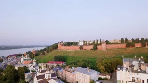 Aerial view of the Nizhny Novgorod Kremlin from the river side during sunset. Stock Footage