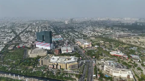 Aerial view of Noida Sector 18 skyline and city landscape Stock Footage 335407775