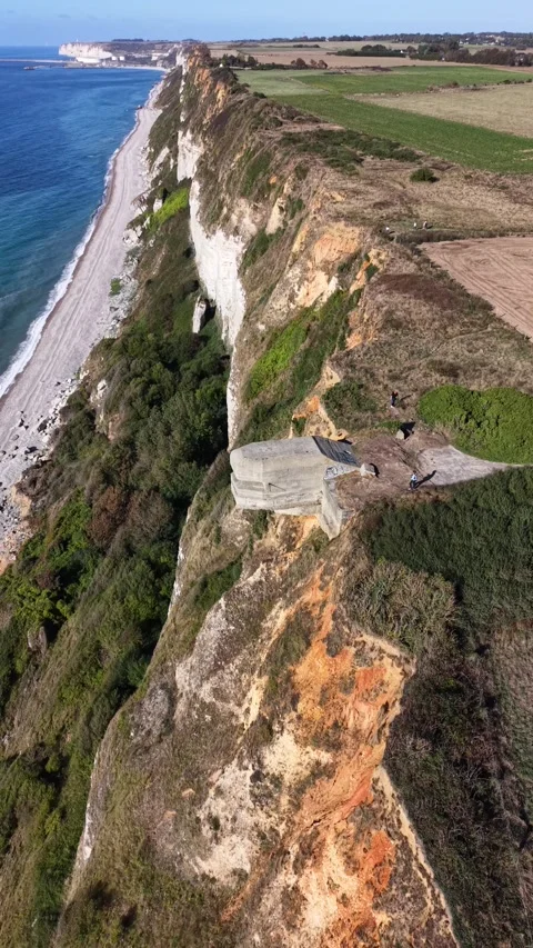 Aerial View of Normandy Coast Cliffs and HKB Heuqueville Bunker, France Stock Footage 346010714