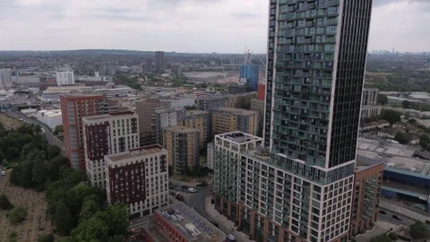 Aerial view of North Acton high-rise buildings including One West Point towers Stock Footage 340409894