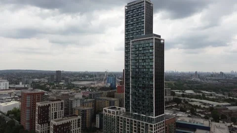 Aerial view of North Acton high-rise buildings including One West Point towers Stock Footage 340409895