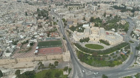 Aerial view of north side Old City Jerusalem during COVID-19 lockdown. File1-04 Stock Footage 128138132