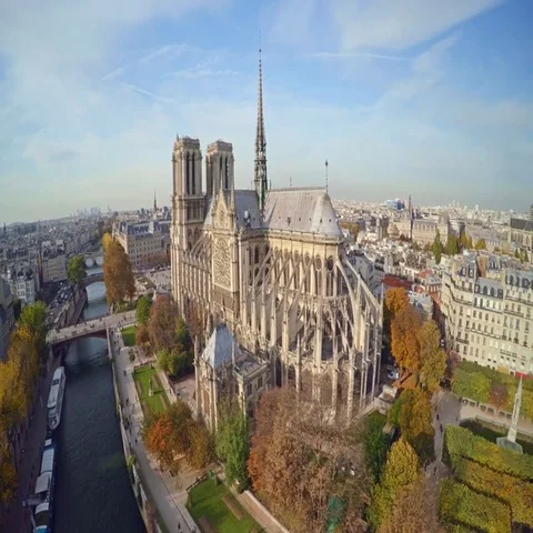 Aerial view with Notre Dame cathedral Stock Footage
