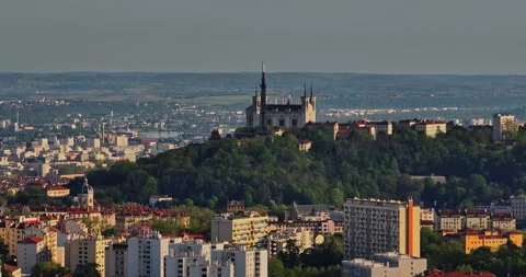 Aerial view of Notre-Dame de Fourviere basilica, France, Lyon Stock Footage 274491085