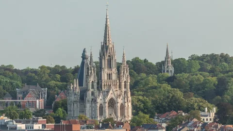 Aerial view of Notre Dame de Laeken church spires timelapse in Brussels, Belgium Stock Footage 308646964
