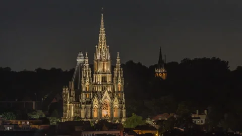 Aerial view of Notre Dame de Laeken church spires night timelapse in Brussels Stock Footage 308648924