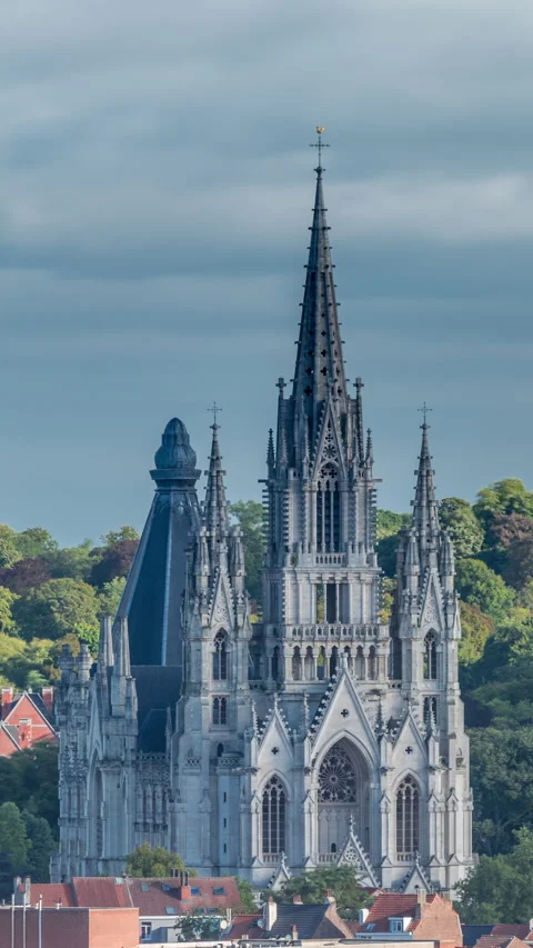 Aerial view of Notre Dame de Laeken church spires timelapse in Brussels, Belgium Stock Footage 314800924