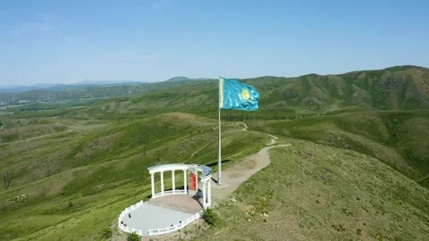 Aerial View o flag mountains and the observation deck of Ust Kamenogorsk , summe Stock Footage 242557753