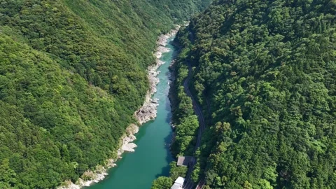 Aerial View of Oboke Gorge River Between Forested Slopes, Japan Stock Footage 342254825