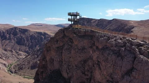 Aerial view of the observation tower on the cliffs Stock Footage 293990724