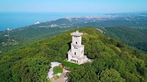 Aerial view of the observation tower on Mount Akhun. The attraction of the city Video stock 244529560