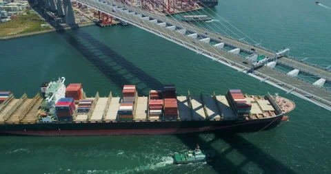 Aerial view of ocean Container ship going into Hong Kong Kwai Tsing container Video stock 111383176