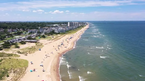 Aerial view of the Ocean View Community Beach in Norfolk on a hot summer day Stock Footage 247992644