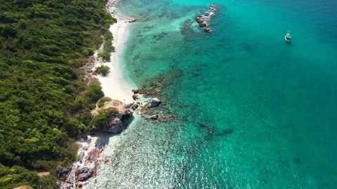 Aerial view. of ocean waves, beach and rocky coastline and beautiful forest. Bea Stock Footage 102124587