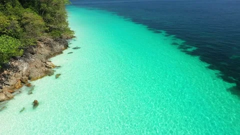 Aerial view of ocean waves, beach and rocky coastline and beautiful forest Stock Footage 142301000