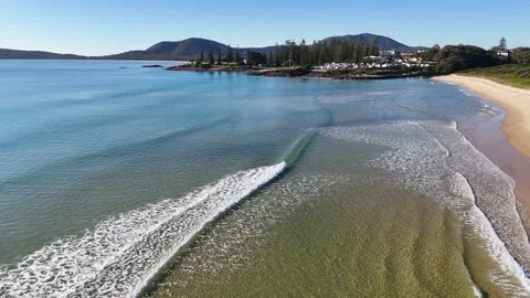 Aerial View of Ocean Waves Rolling onto South West Rocks Beach Stock Footage 342488207