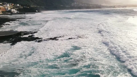 Aerial view of ocean waves splash around Tenerife, Canary islands, Spain Stock Footage 147227289