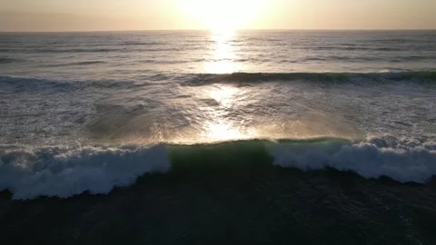 Aerial View of Ocean Waves at Sunrise in Kochi Japan - Golden Pacific Swell Vídeo Stock 345031608