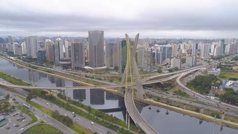 Aerial view of Octavio Frias de Oliveira Bridge, a landmark in Sao Paulo, the Video stock 97956053
