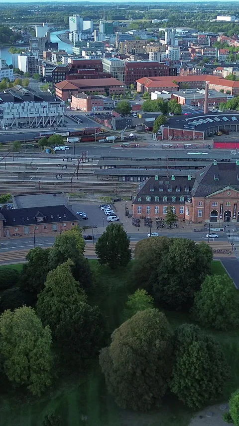 Aerial view of Odense Denmark city skyline summer daytime Stock Footage 346794564