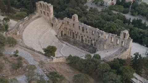 Aerial view of Odeon of Herodes Atticus and Acropolis of Athens ancient citadel Stock Footage 89105358