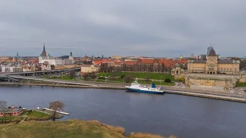 Aerial view of the Oder River and the city of Szczecin, Poland Stock Photos