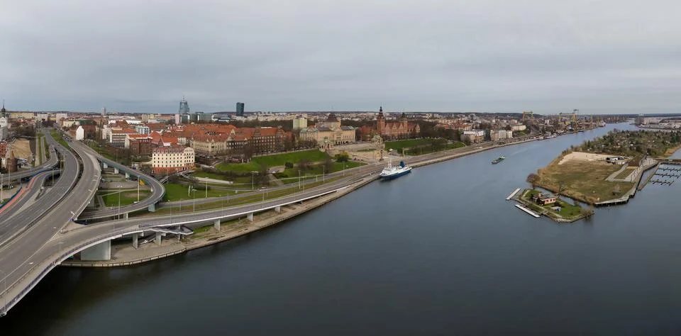 Aerial view of the Oder River and the city of Szczecin, Poland Stock Photos