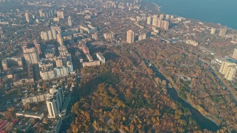 Aerial View of Odesa central park - Arboretum Peremohy and coastline Stock Footage 108009146