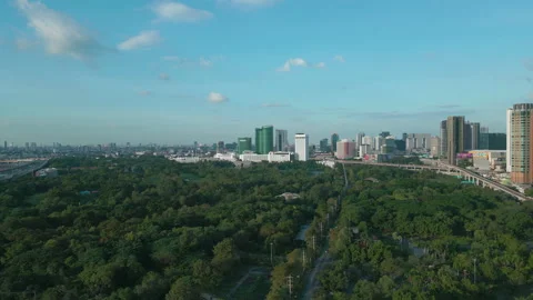 Aerial view office building with green public park sunset sky Stock Footage 220173982