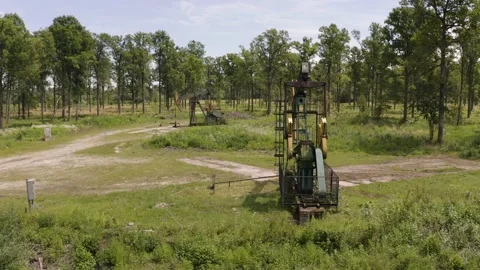 Aerial view of oil pumpjack working in the countryside of Croatia. Stock Footage 139038955