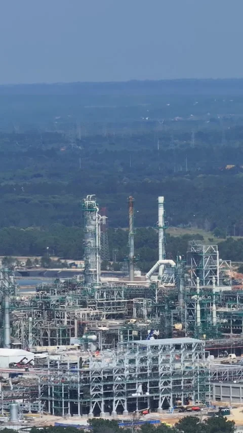 Aerial view of an oil refinery complex in industrial sector Stock Footage 339731524
