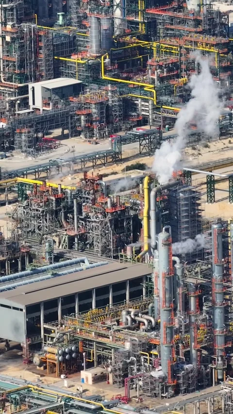 Aerial view of an oil refinery complex with active processing operations Stock Footage 339731638