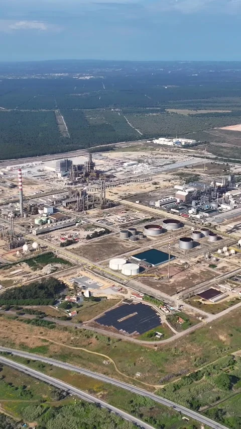Aerial view of oil refinery complex and fuel storage tanks in industrial area Stock Footage 339732014