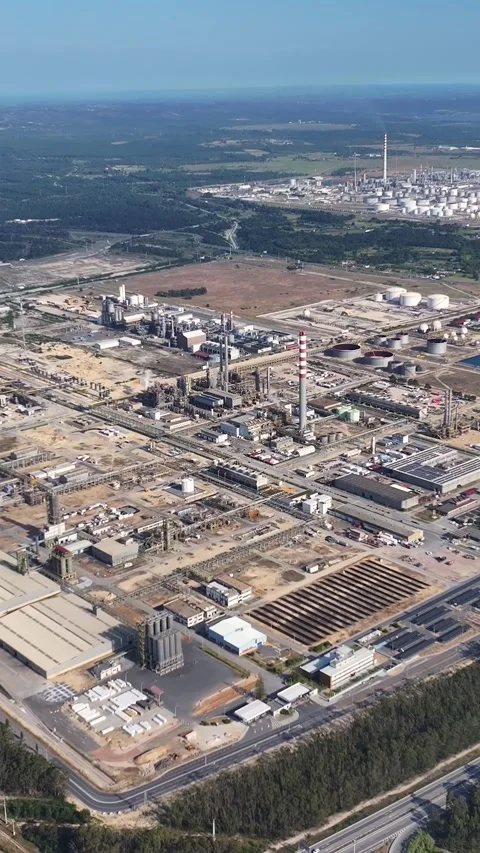 Aerial view of oil refinery complex and fuel storage tanks Stock Footage 339732389