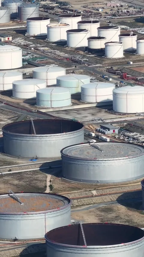 Aerial view of oil refinery complex with fuel storage tanks Stock Footage 339732610
