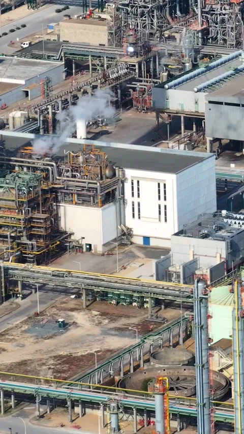 Aerial view of oil refinery complex in an industrial processing area Stock Footage 340814050