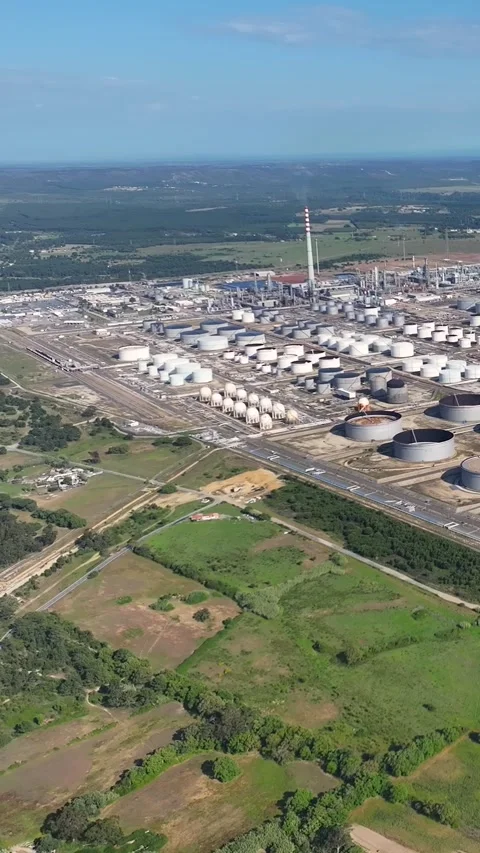 Aerial view of oil refinery complex in industrial processing plant Stock Footage 340814131